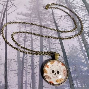 Skull & Leaves Floating Locket Glass Pendant Bronze Necklace